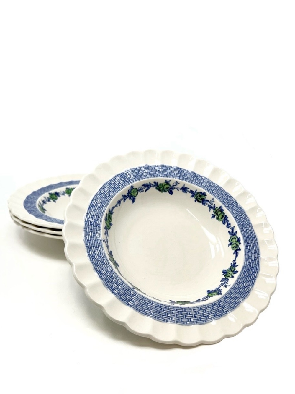 Copeland Spode Blue Belle Set of 4 Rimmed Soup Bowls Basketweave Antique Vintage